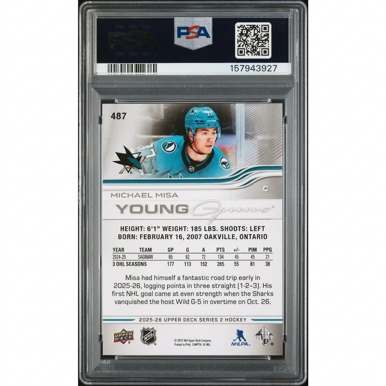 Michael Misa 2025 Upper Deck Series 2 Young Guns Rookie #487 | PSA 10