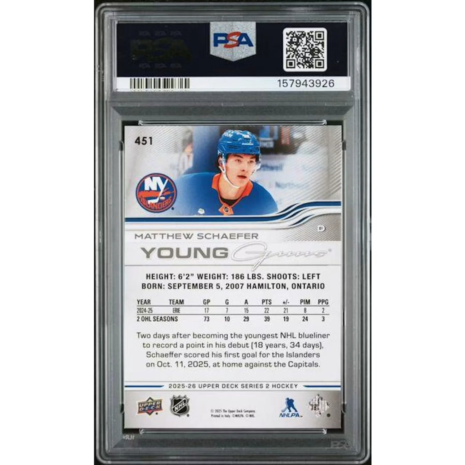 2025 Upper Deck Series 2 Matthew Schaefer Young Guns Rookie #451 PSA 9 - D2