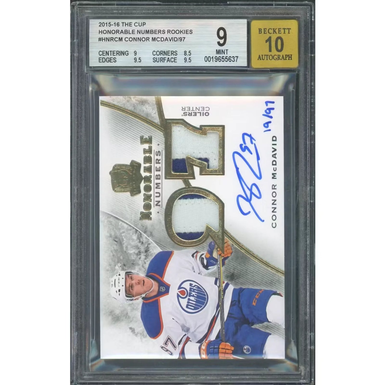 Connor McDavid 2015-16 Upper Deck The Cup Honorable Numbers Rookie Patch Auto | BGS 9