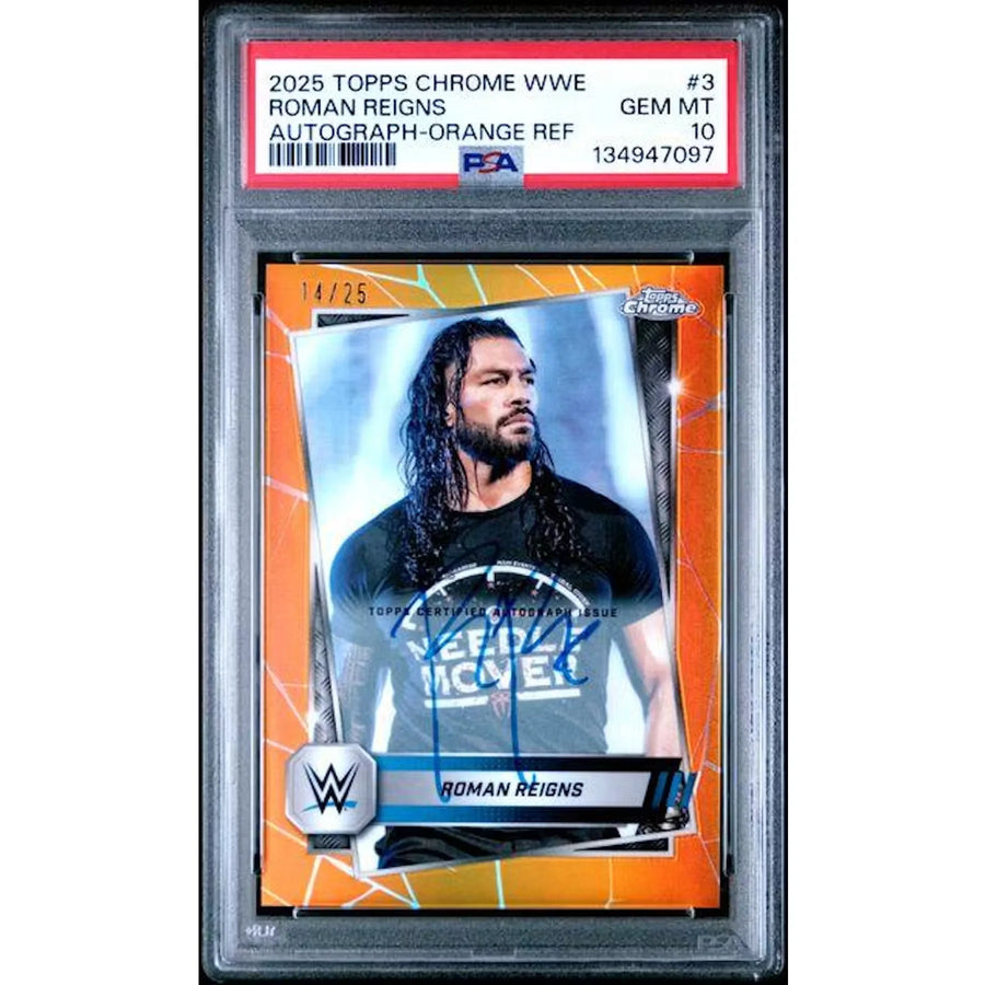 Roman Reigns Signed 2025 Topps Chrome #3 Card | PSA 10 Orange/25