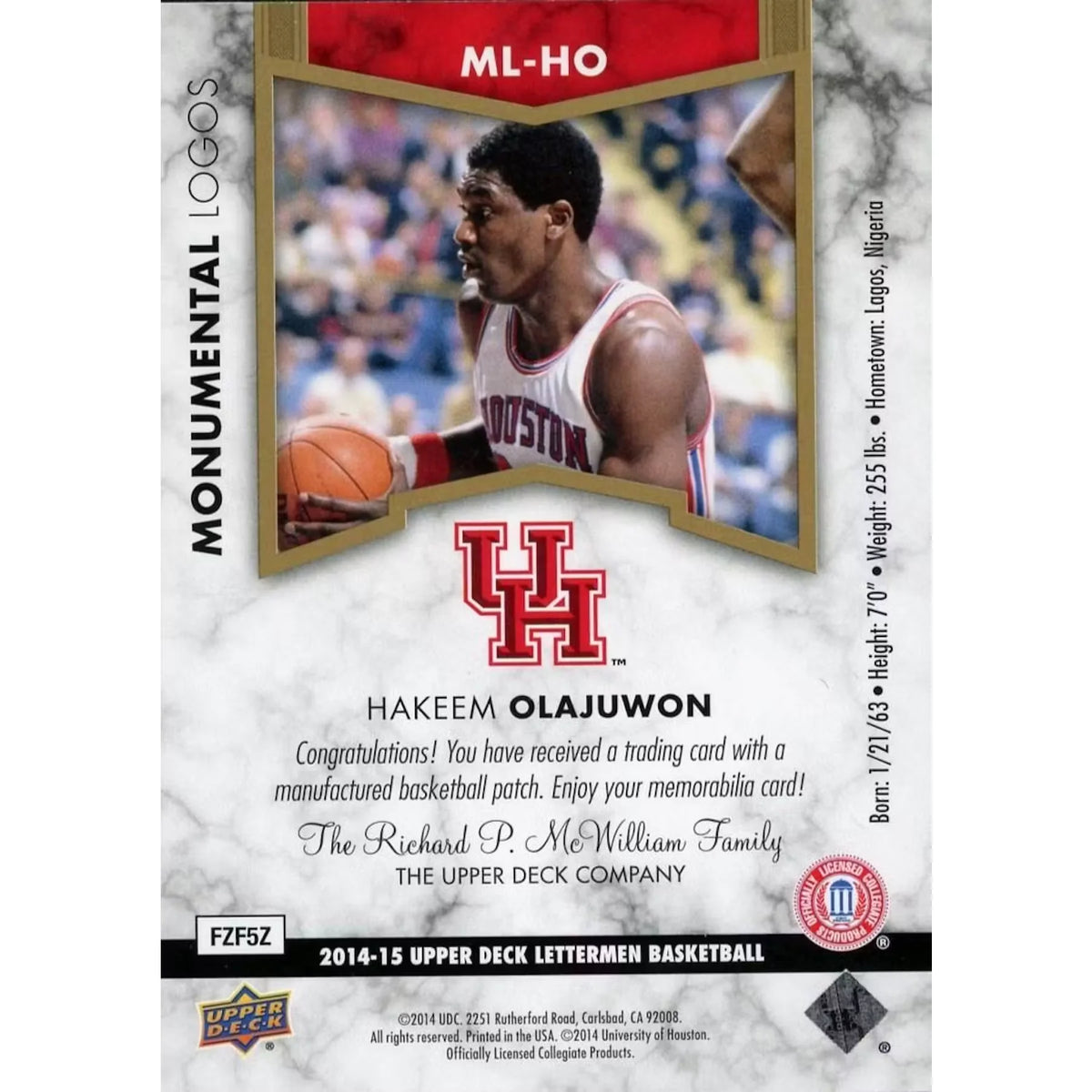 Hakeem Olajuwon 2014-15 UD Letterman Monumental Logos Card |/2