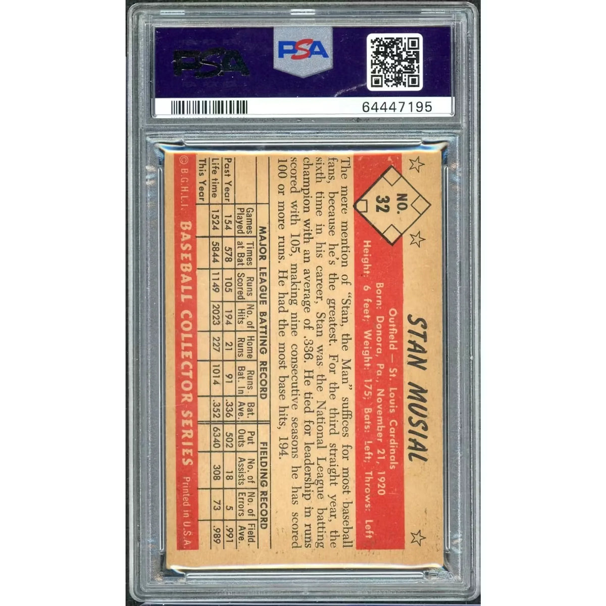 Stan Musial 1953 Bowman Color Card #32 | PSA 4
