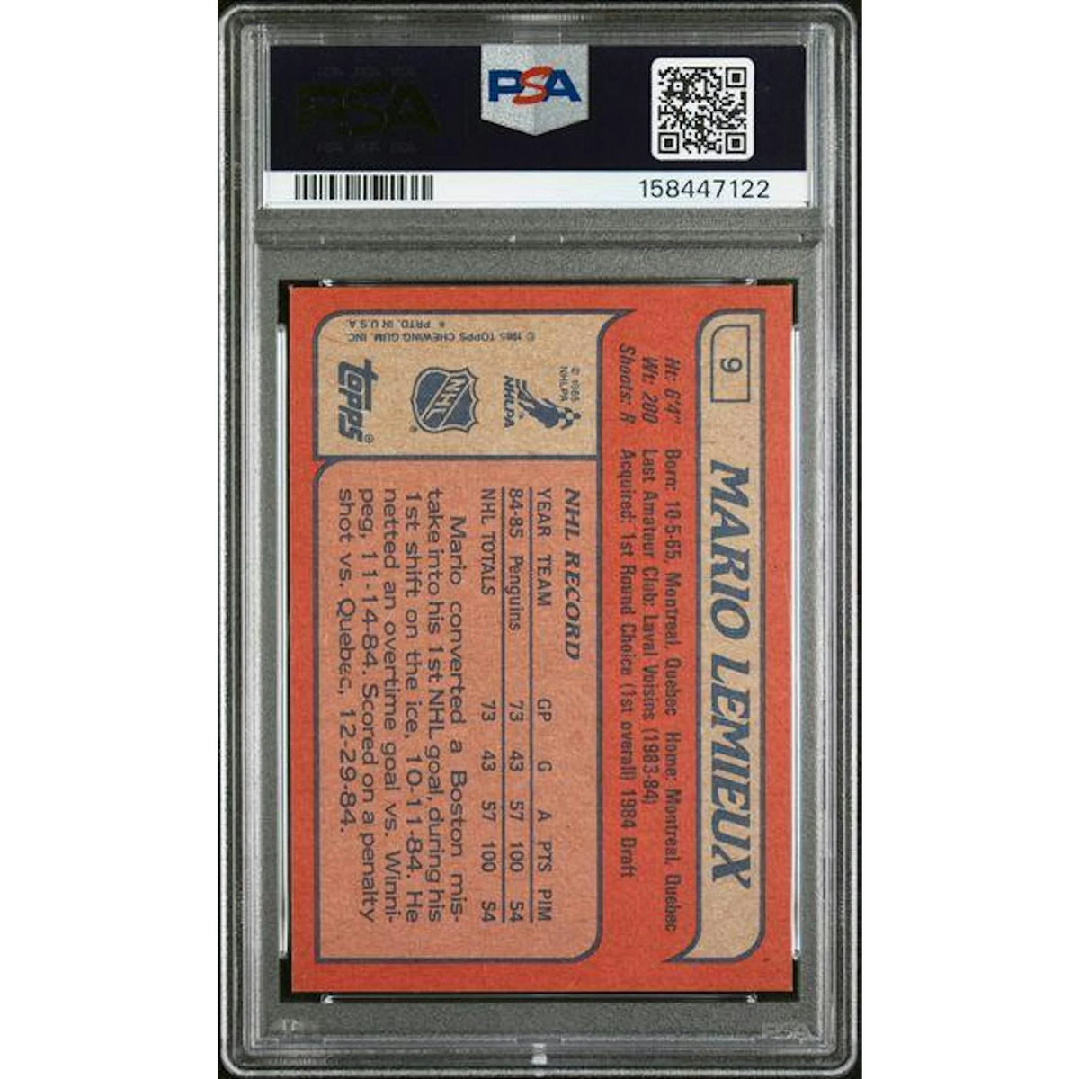 Mario Lemieux 1986 Topps Rookie Card #9 | PSA 6