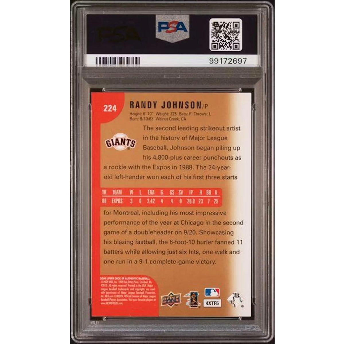 Randy Johnson 2009 SP Authentic Silver #224 Card | PSA 8