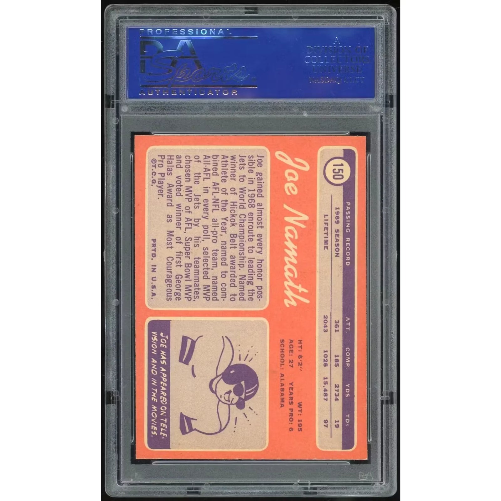 Joe Namath 1970 Topps #150 Trading Card | PSA 8