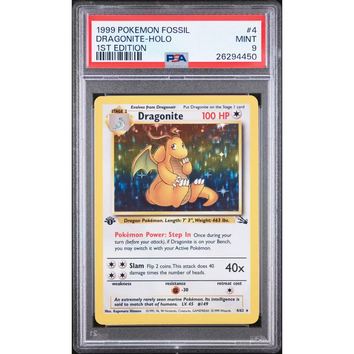 1999 Pokemon Fossil Dragonite Holo 1st Edition #4 | PSA 9