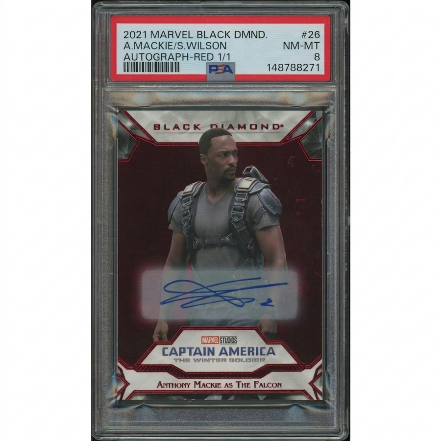 Anthony Mackie Signed The Falcon Card | 2021 Marvel Black Diamond #26 Red Auto 1/1 PSA 8