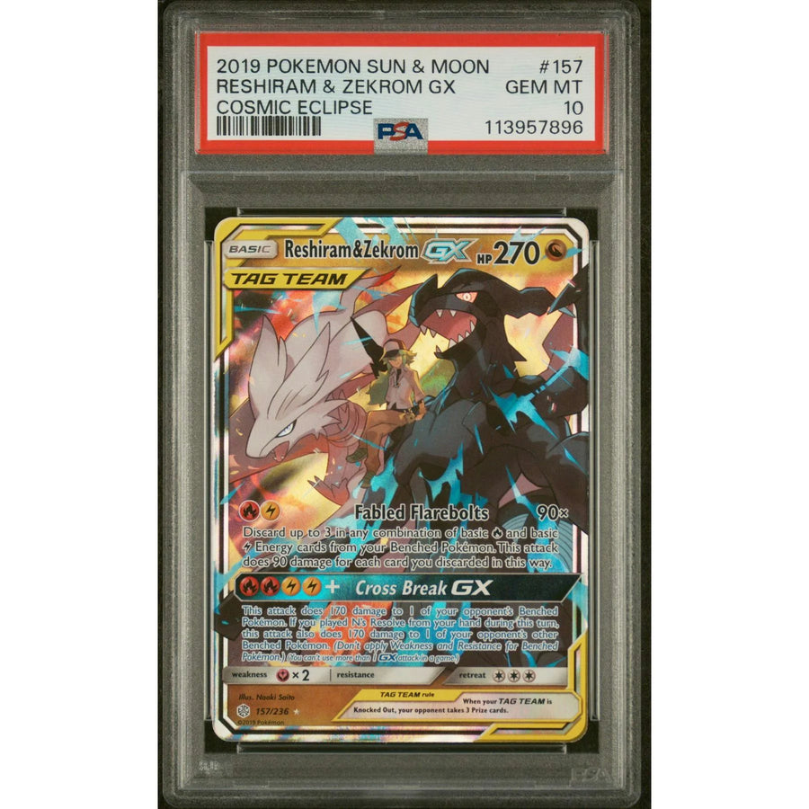 Reshiram & Zekrom GX #157 Pokemon Card | 2019 Cosmic Eclipse PSA 10