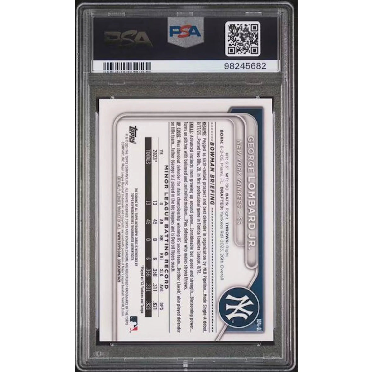 George Lombard Jr 2024 Bowman Chrome Sapphire 1st Auto | PSA 10