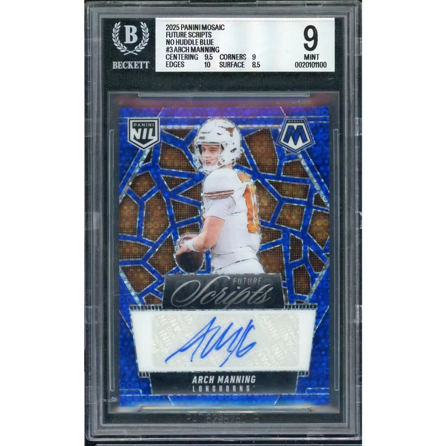 2025 Panini Mosaic Arch Manning Future Scripts No Huddle Blue Auto BGS 9