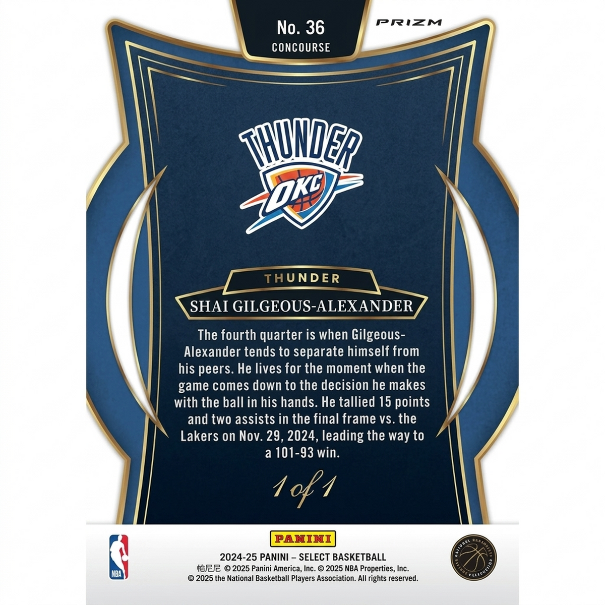 Shai Gilgeous-Alexander Signed 2024-25 Panini Select Black Disco 1/1 Card | #36