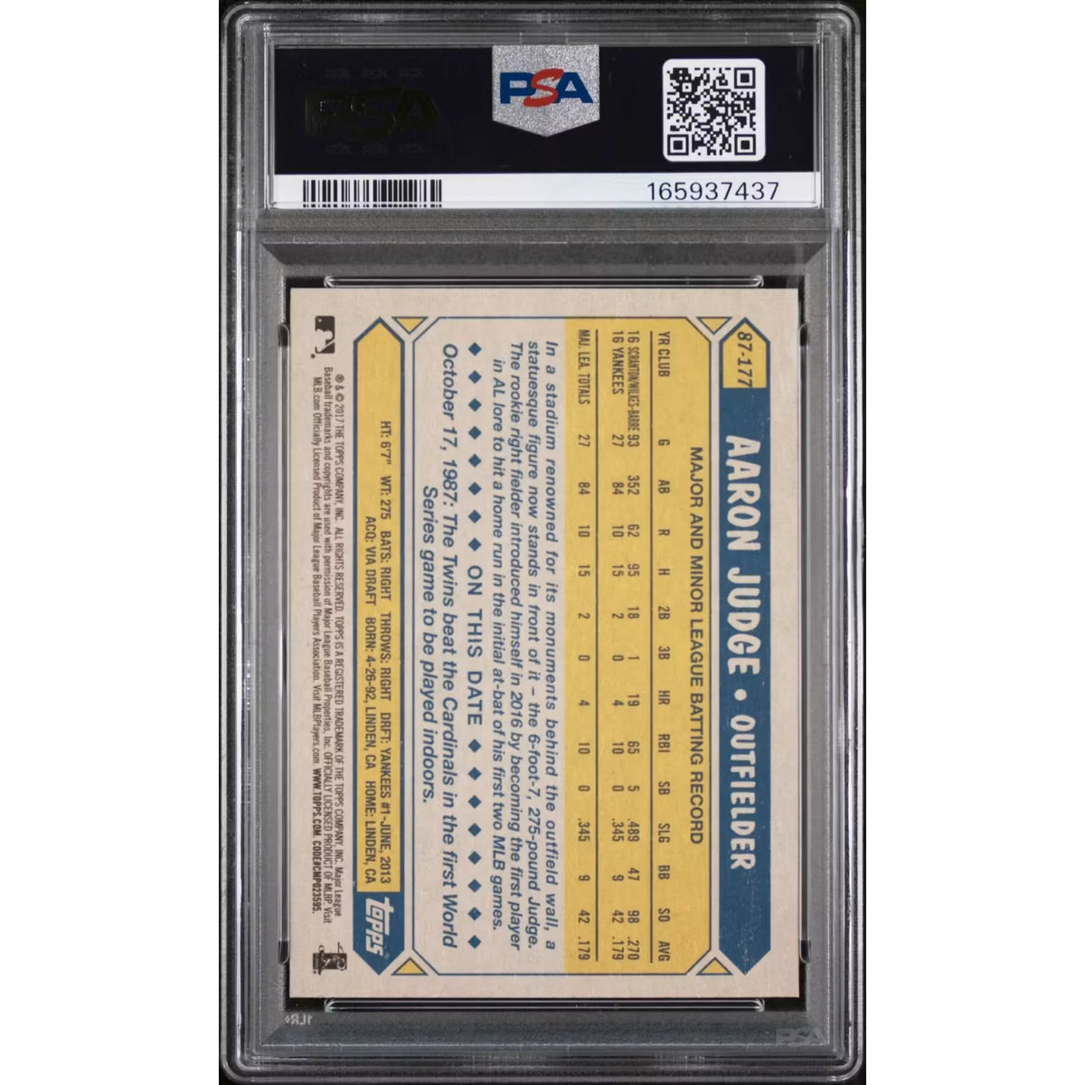 Aaron Judge 2017 Topps Rookie Card 1987 Design #87-177 | PSA 10