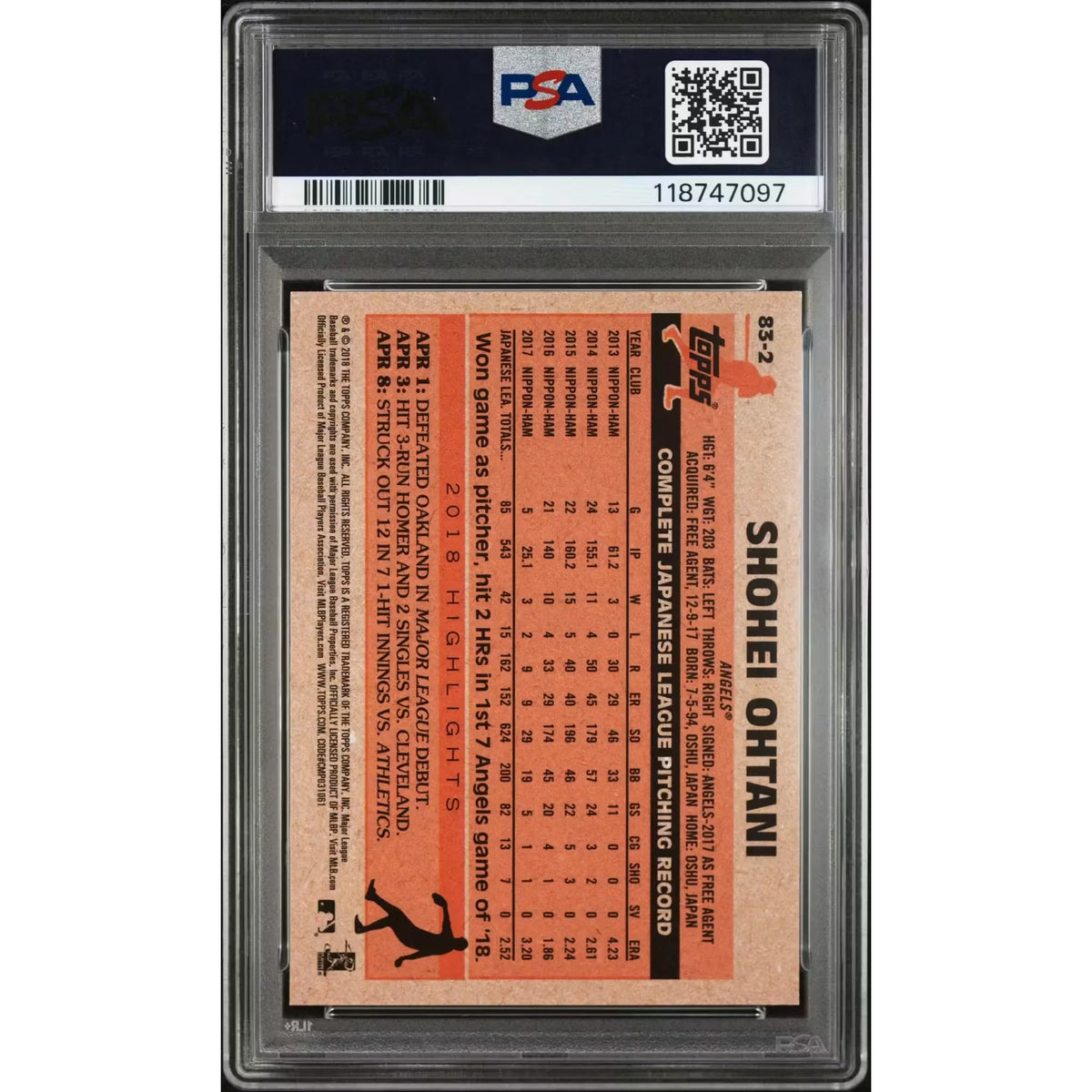 Shohei Ohtani 2018 Topps Update Rookie 1983 Topps #83-2 | PSA 9