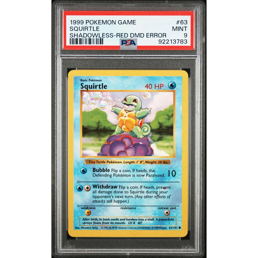 1999 Pokemon Game Squirtle Shadowless Red Diamond Error #63 | PSA 9