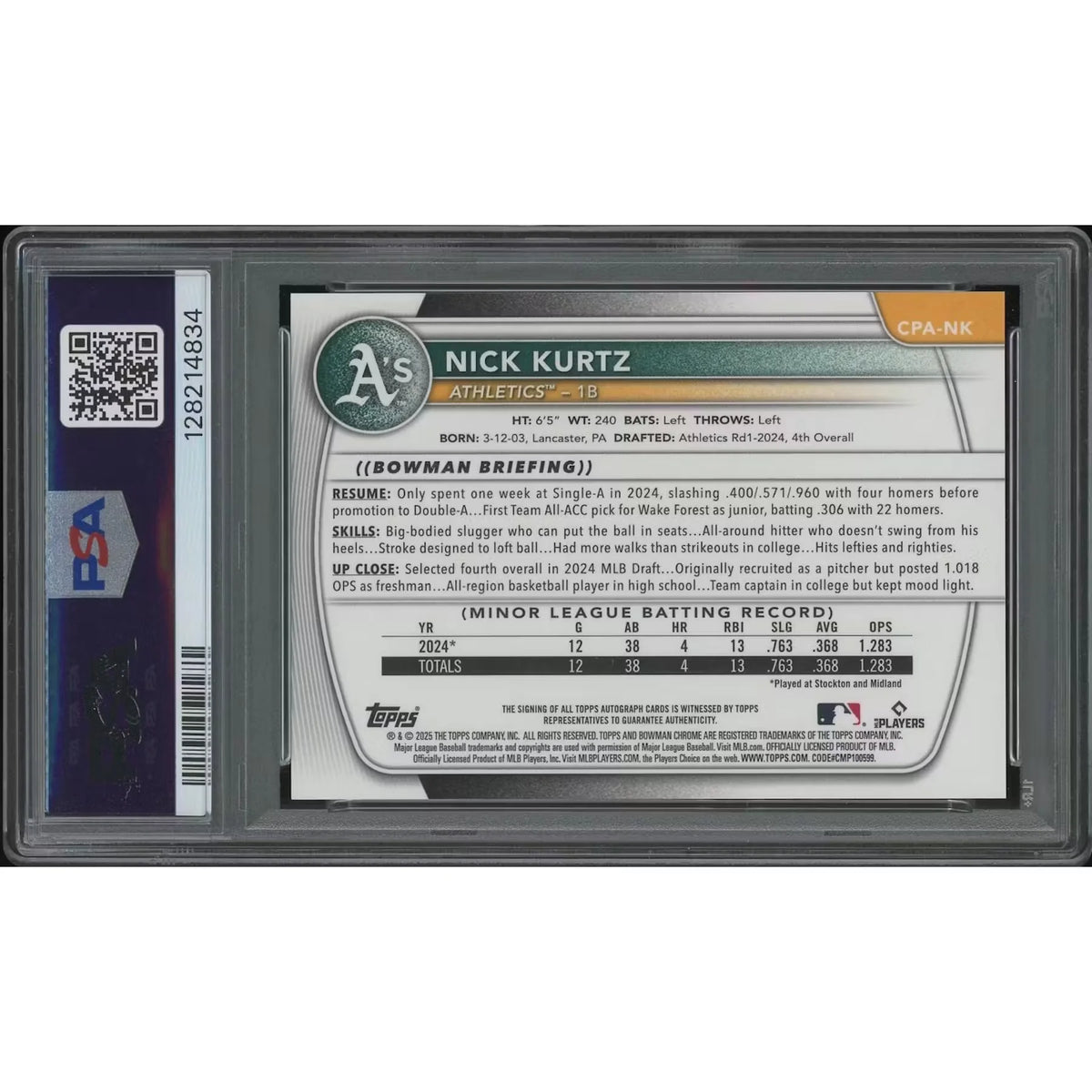 Nick Kurtz Signed 2025 Bowman Chrome Orange Refractor | PSA 10 Gem Mint #12