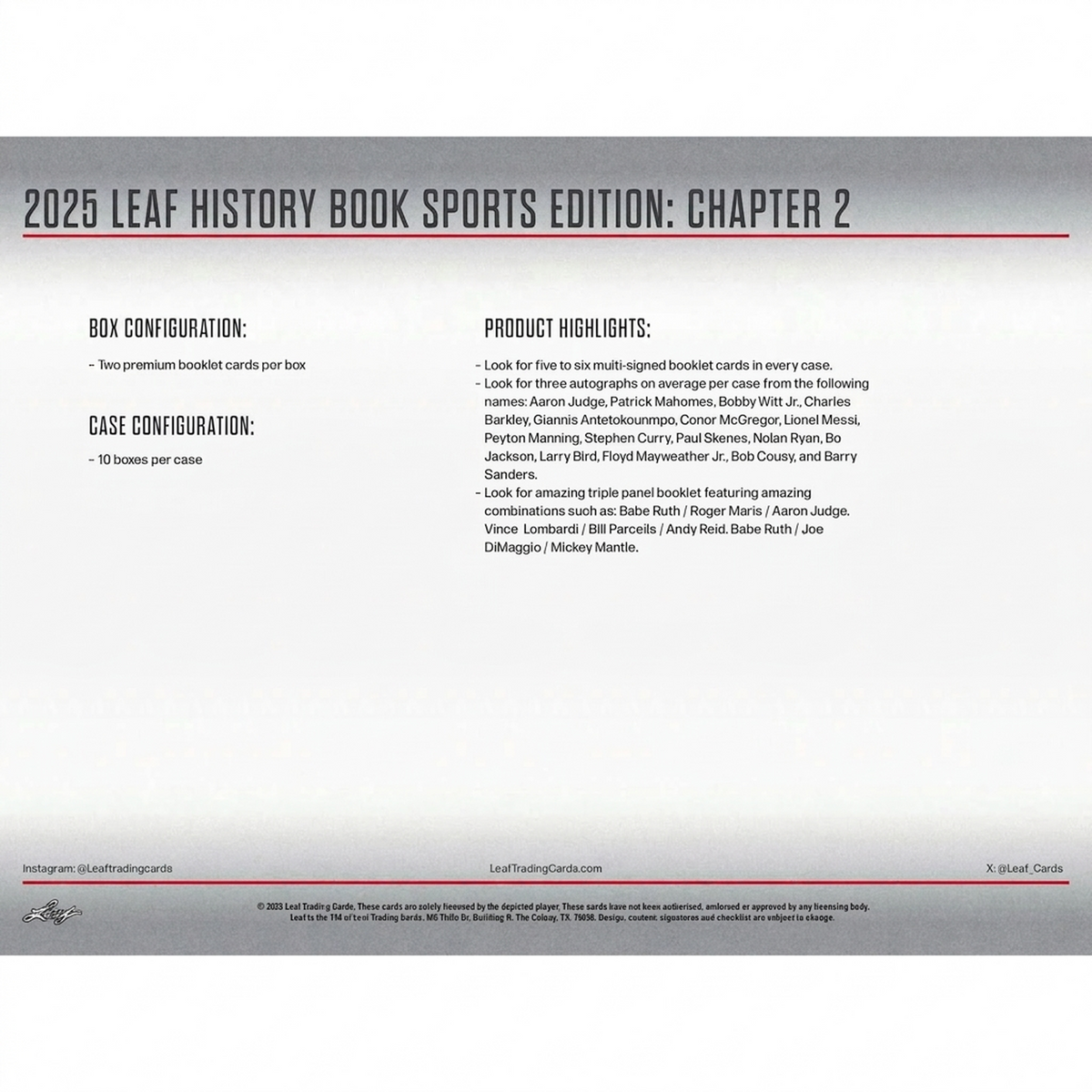 2025 Leaf History Book Sports Edition Chapter 2 | 10-Box Hobby Case (Ships Sealed Only)