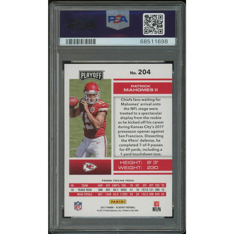 Patrick Mahomes II Signed 2017 Panini Playoff Football #204 Red Zone Rookie | PSA 9