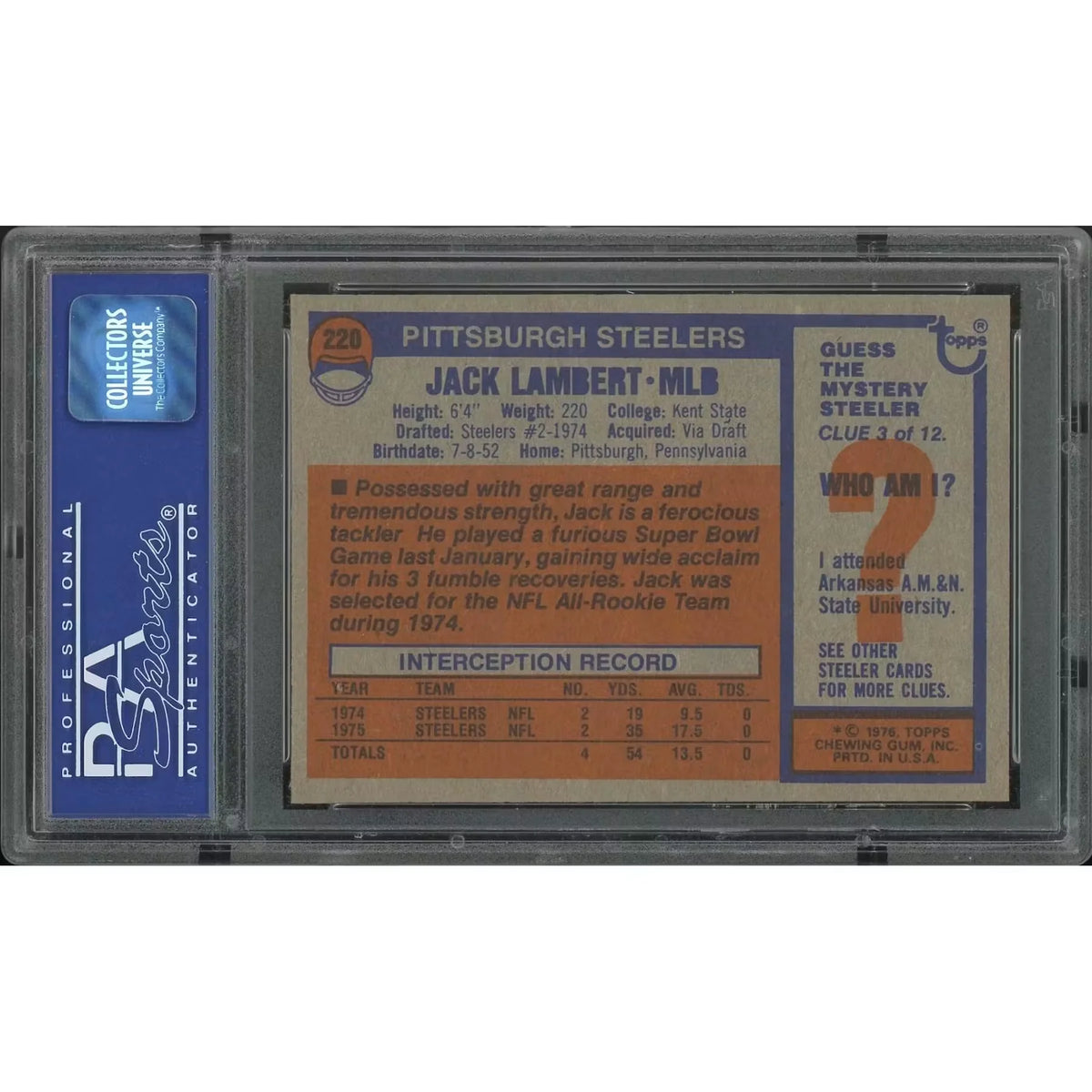 Jack Lambert 1976 Topps Football Rookie Card #220 | PSA 8