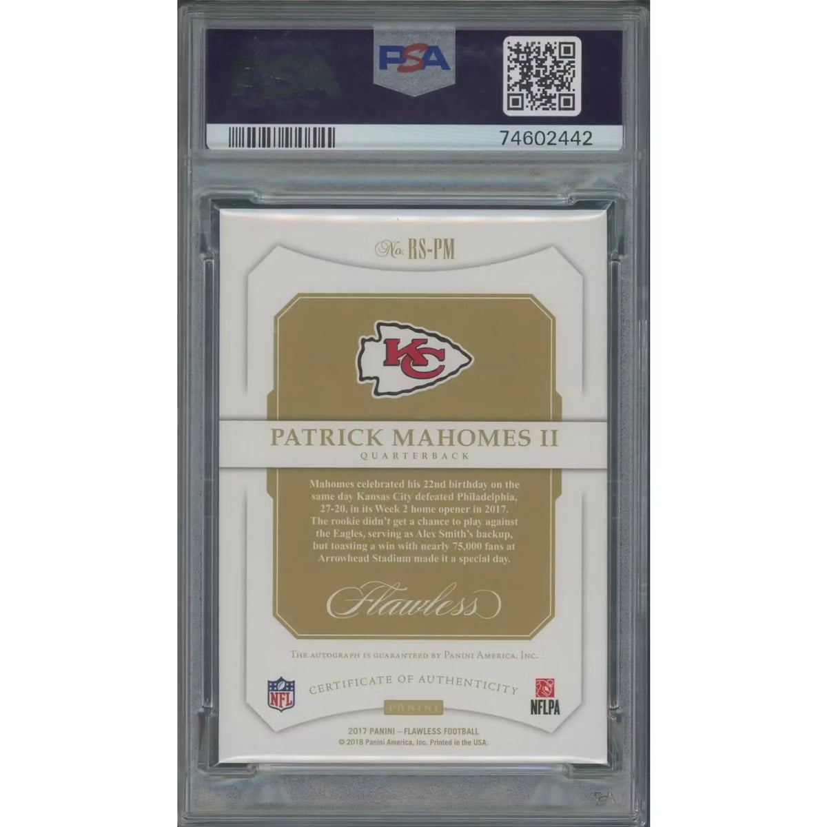 Patrick Mahomes Signed 2017 Panini Flawless Rookie Card | PSA 9