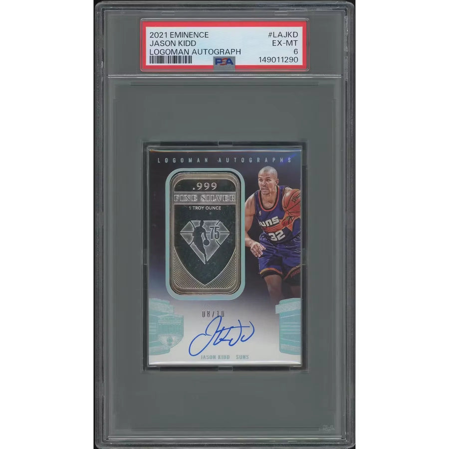 2021-22 Panini Eminence Basketball #LAJKD Jason Kidd Silver Bar Logoman Auto #08/10 PSA 6 (EX-MT) International 08 Card
