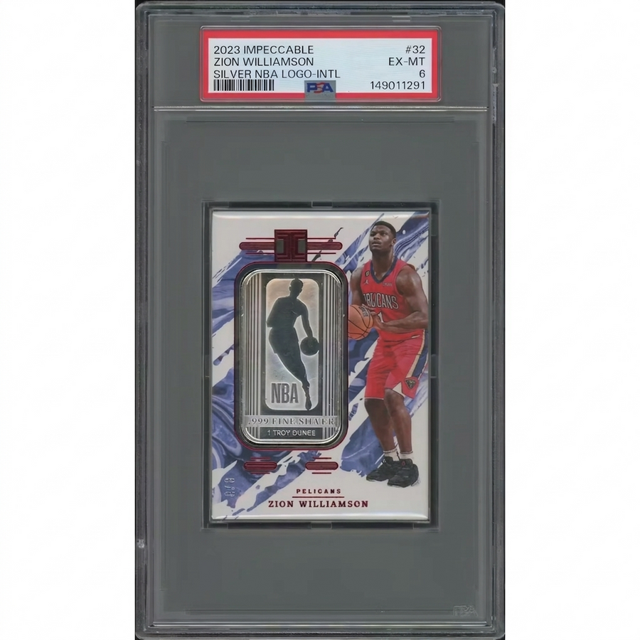 2023-24 Panini Impeccable Basketball #32 Zion Williamson Silver NBA Logo International #8/8 PSA 6 (EX-MT) 32 Card