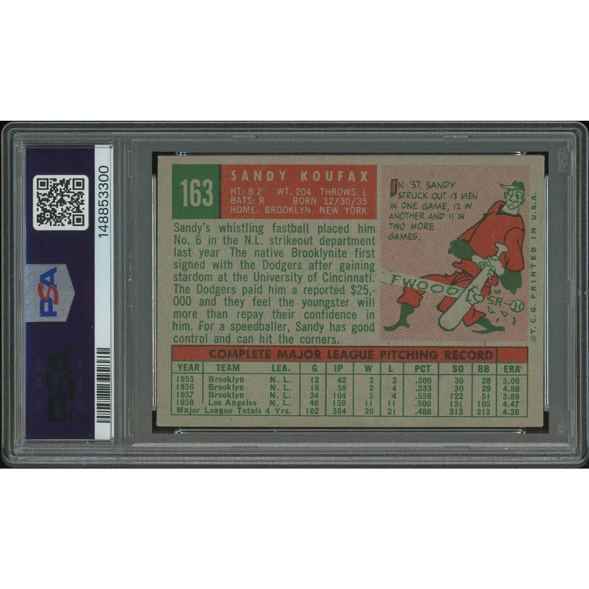 Sandy Koufax 1959 Topps Baseball Card #163 | PSA 3 VG
