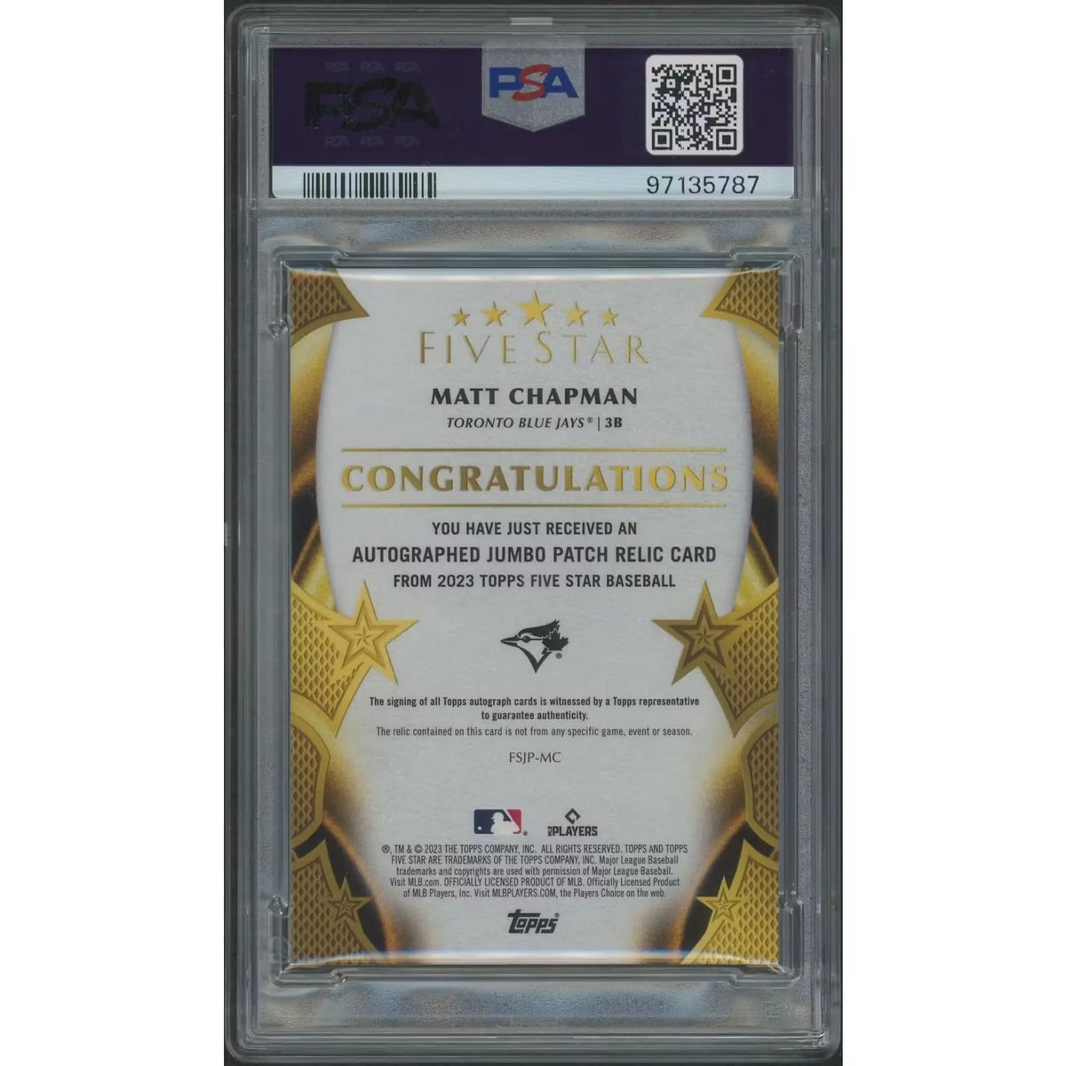 2023 Topps Five Star Baseball #FSJPMC Matt Chapman Silver Rainbow Jumbo Patch Auto #4/5 PSA 9 (MINT) 4 Card