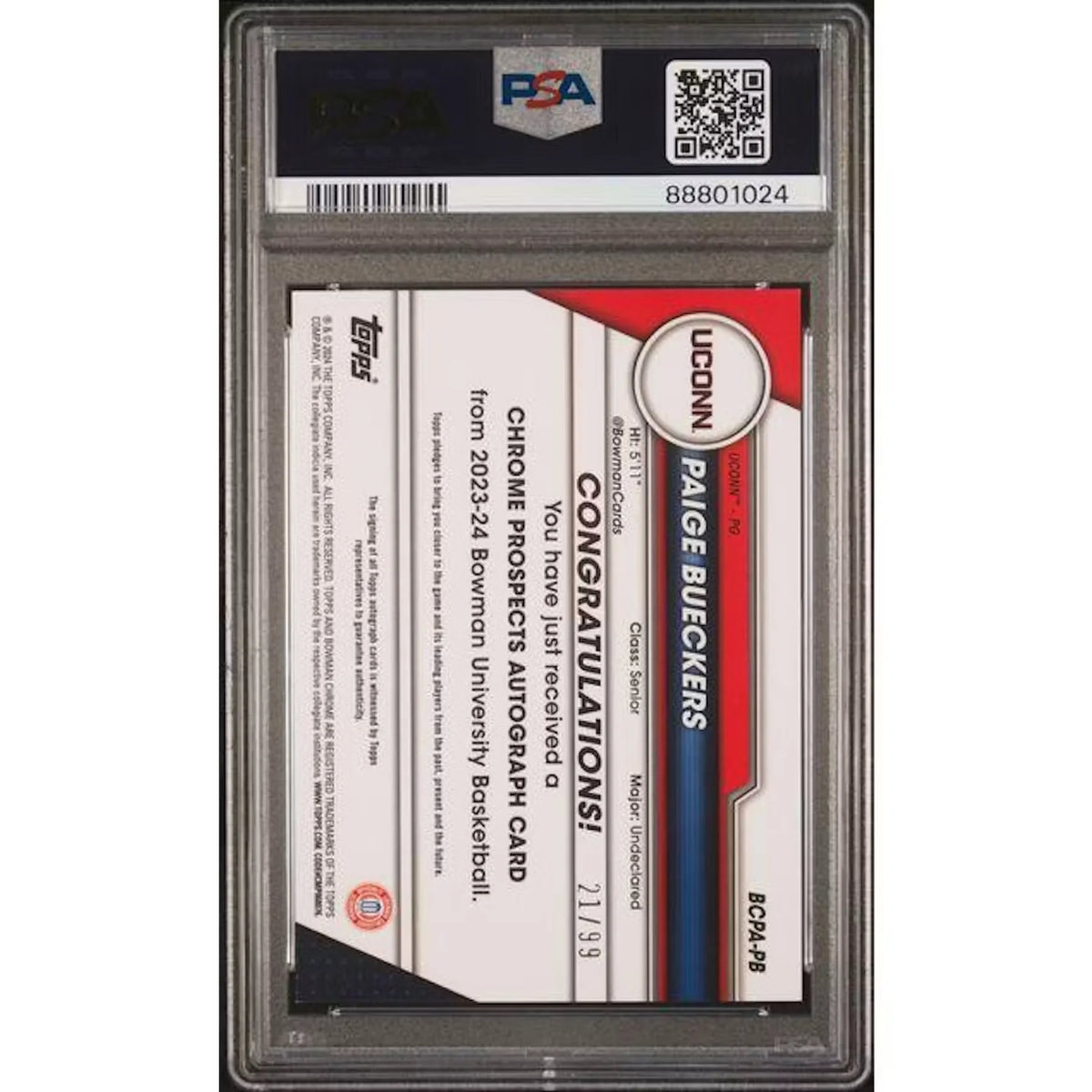 Paige Bueckers Signed 2023 Bowman U Chrome Card | PSA 10