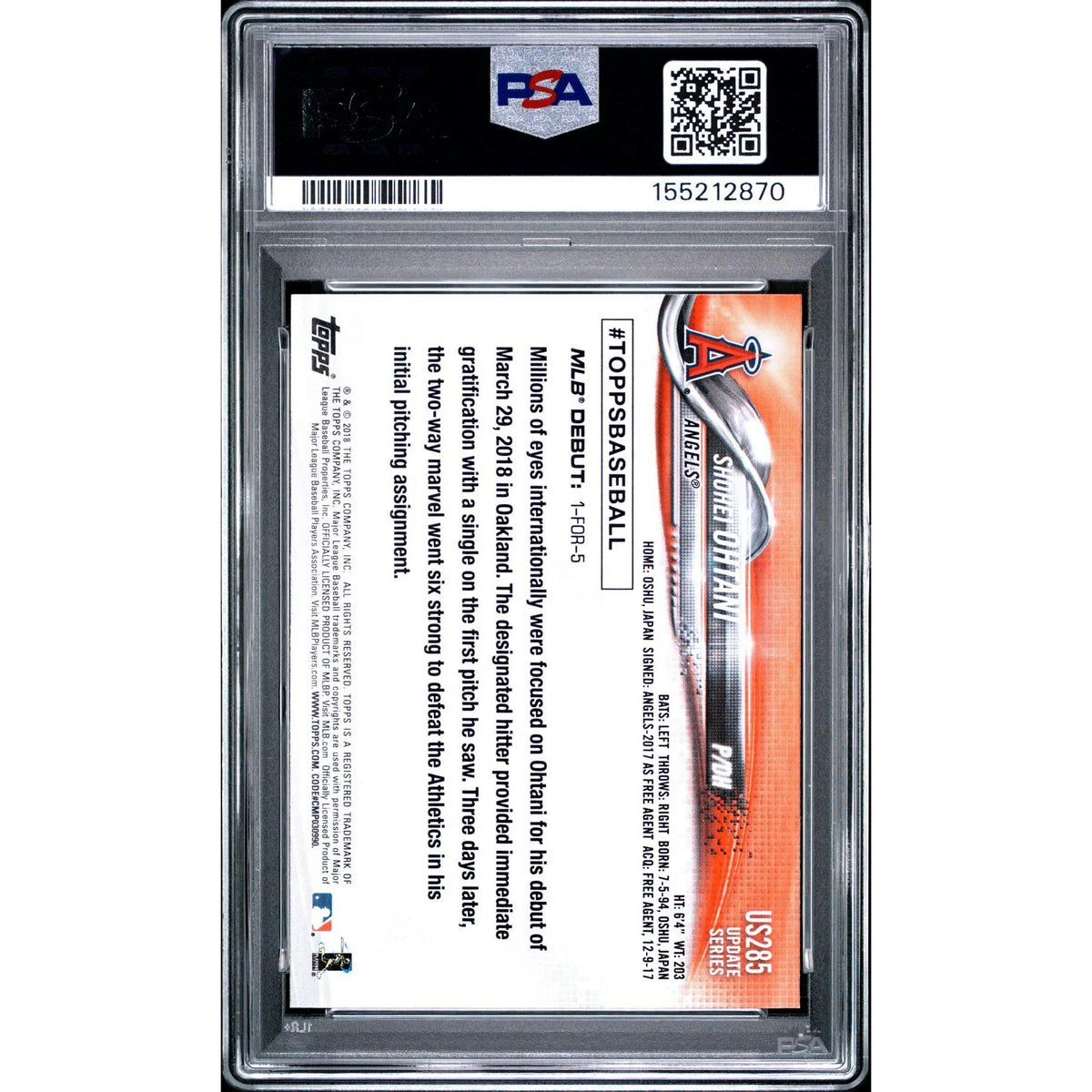 Shohei Ohtani 2018 Topps Update Rookie Rainbow Foil #US285 | PSA 9
