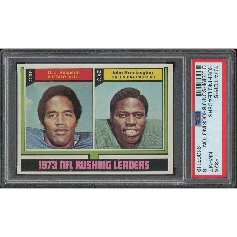 1974 Topps Football #328 O.J. Simpson & John Brockington Rushing Leaders | PSA 8
