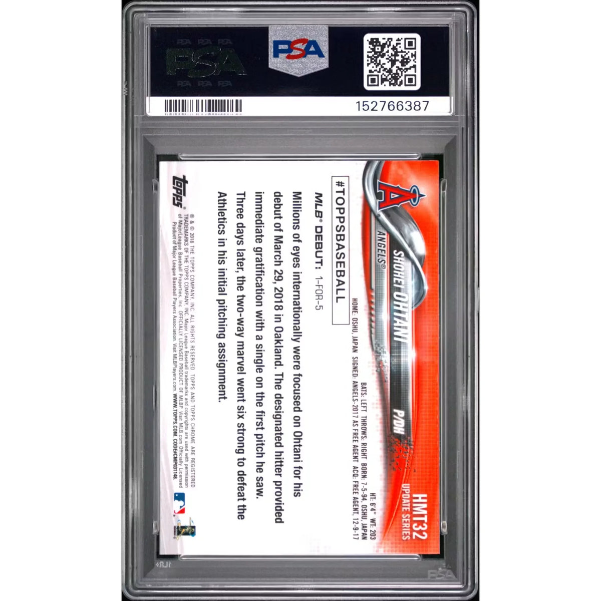 2018 Topps Chrome Update Shohei Ohtani Rookie #HMT32 PSA 10 - D4