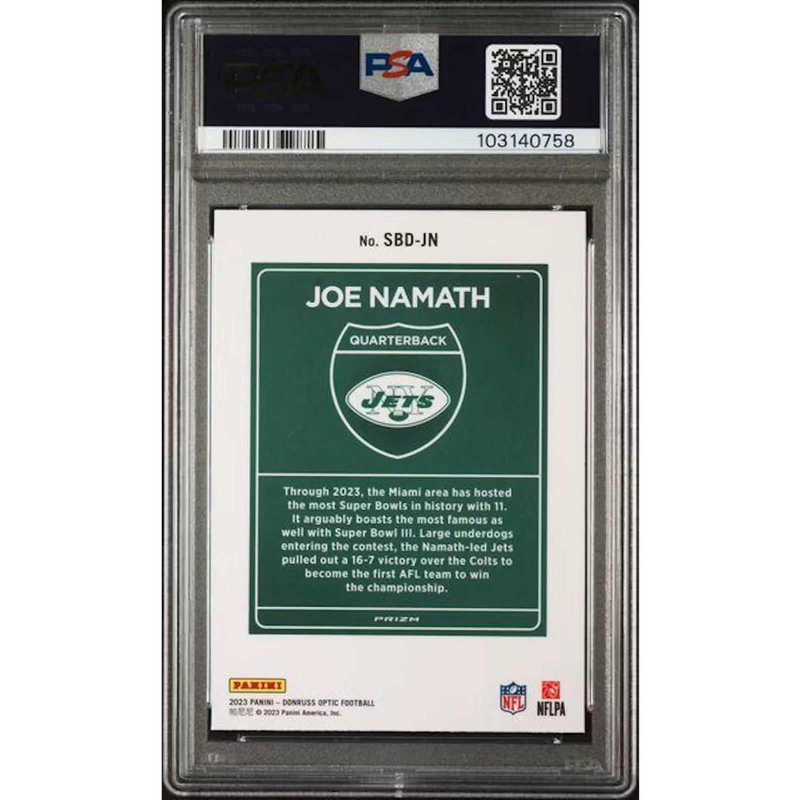 Joe Namath 2023 Panini Donruss Optic Super Bowl Downtown Card | PSA 10