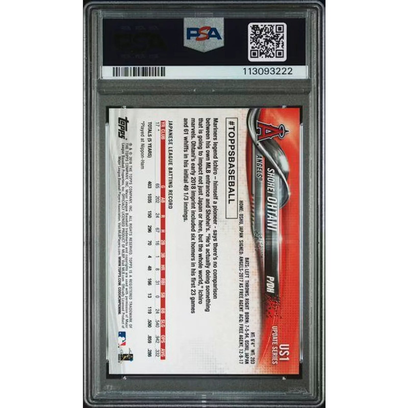 Shohei Ohtani 2018 Topps Update Rookie Card #US1 | PSA 10