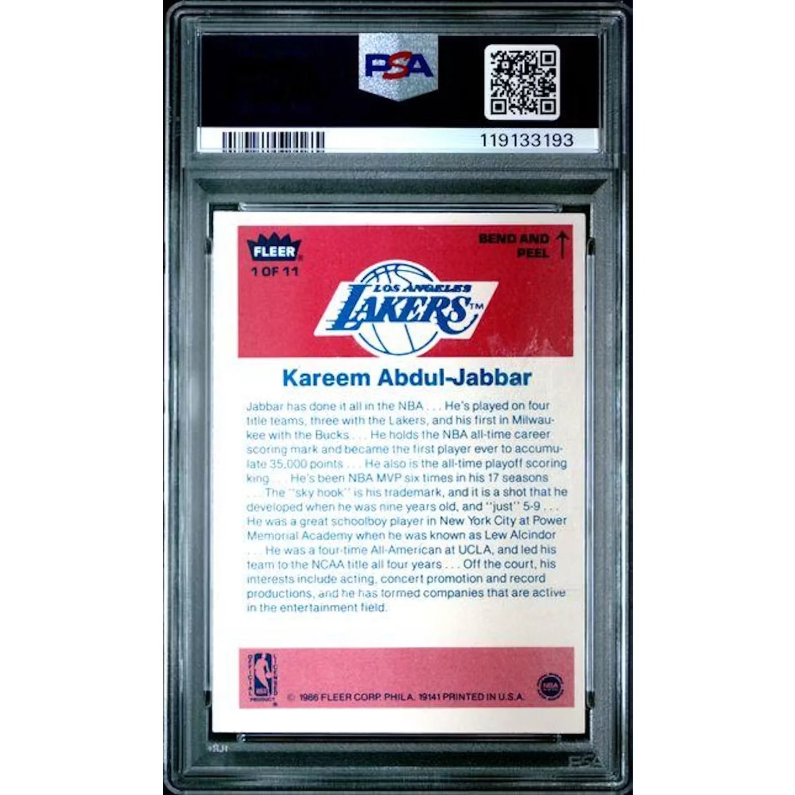 Kareem Abdul-Jabbar 1986 Fleer Sticker #1 | PSA 8