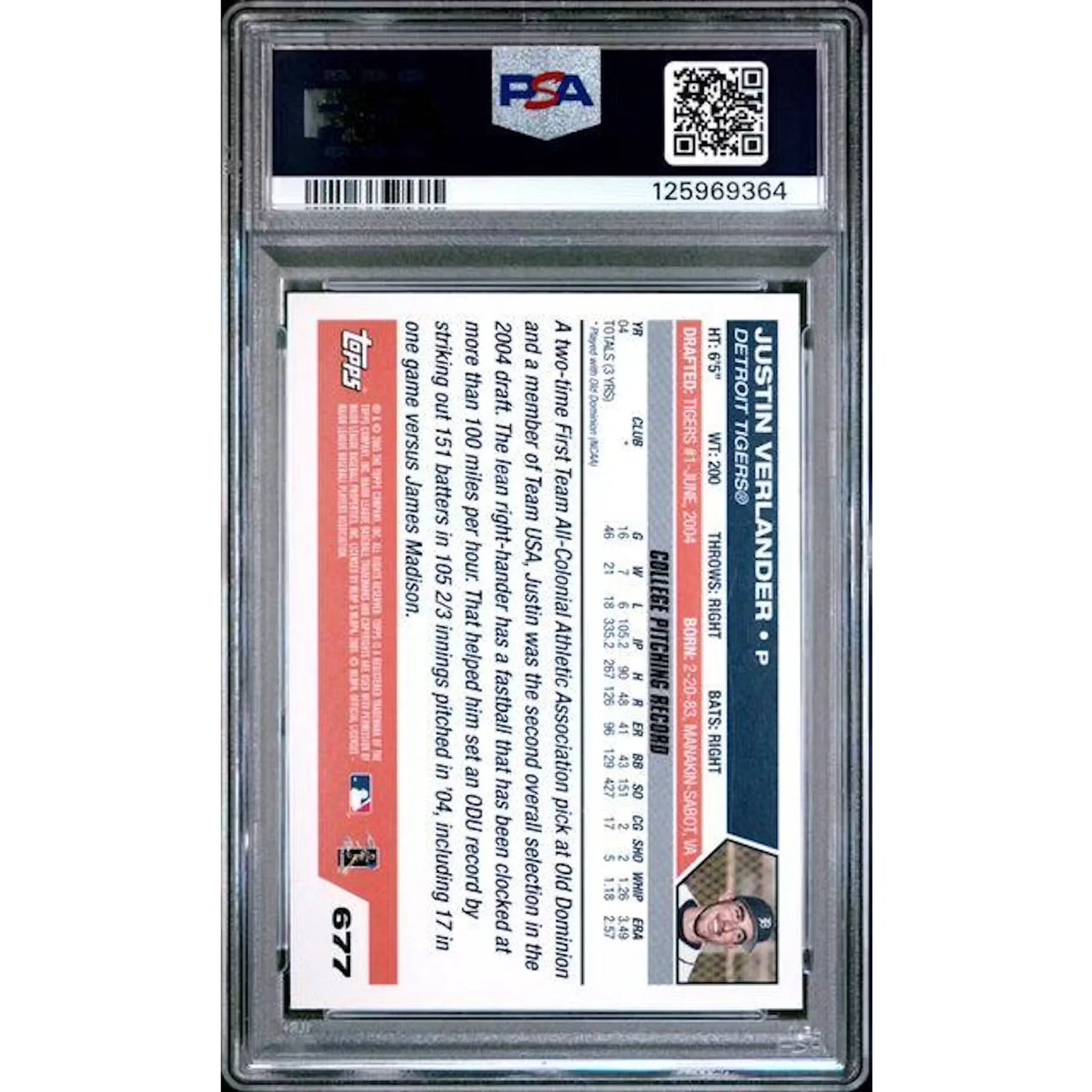 Justin Verlander 2005 Topps Rookie Card #677 | PSA 10