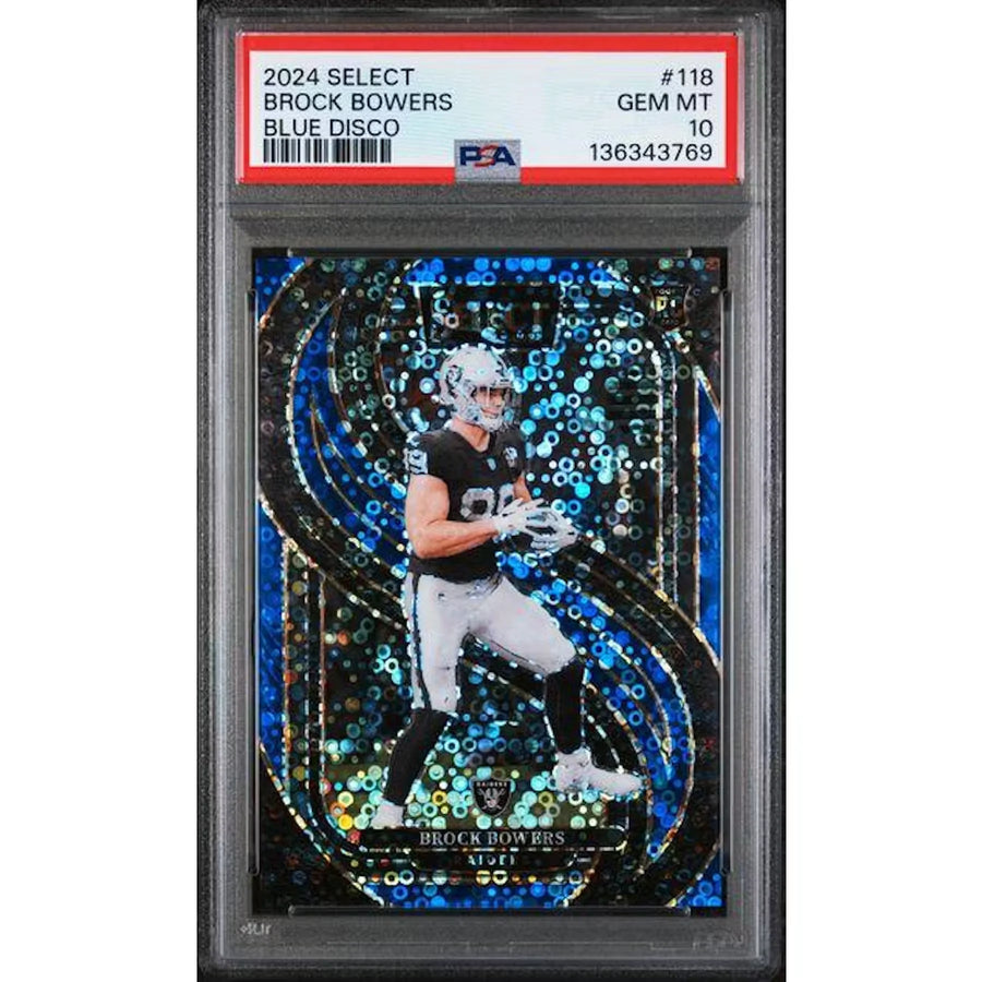 Brock Bowers 2024 Panini Select Premier Level Blue Disco Rookie Card | PSA 10