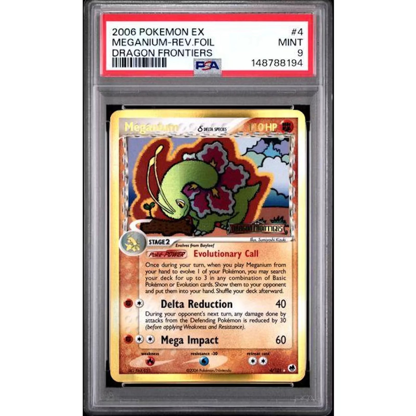 Meganium Reverse Foil Pokemon #4 Card | 2006 Ex Dragon Frontiers PSA 9