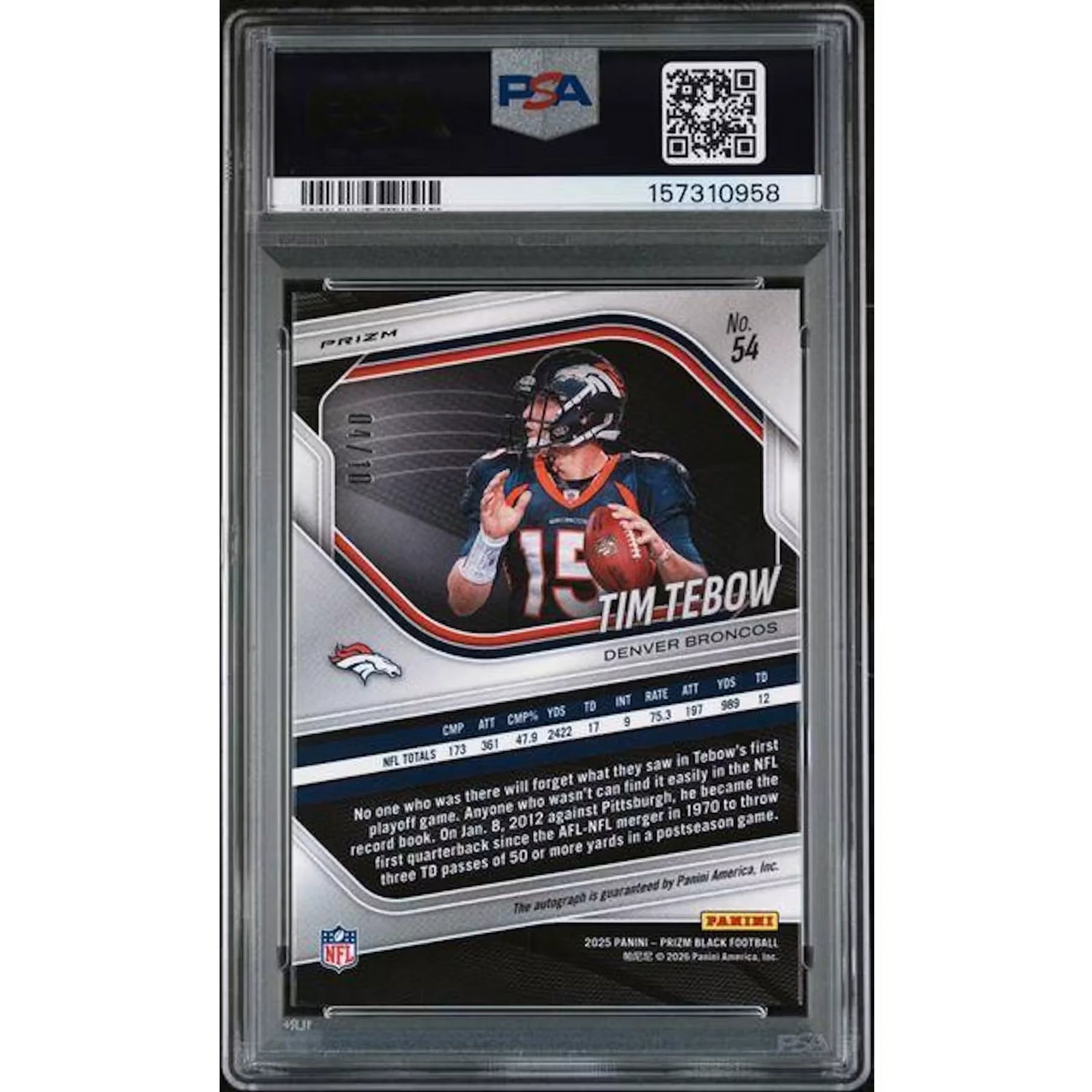 Tim Tebow 2025 Panini Prizm Black Gold Shimmer Auto | PSA 10