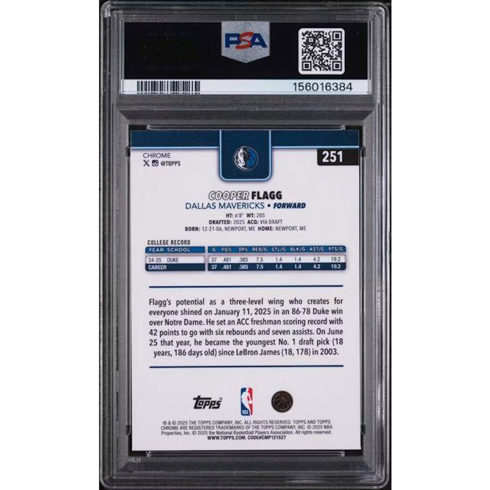 Cooper Flagg 2025 Topps Chrome Rookie Card #251 | PSA 10