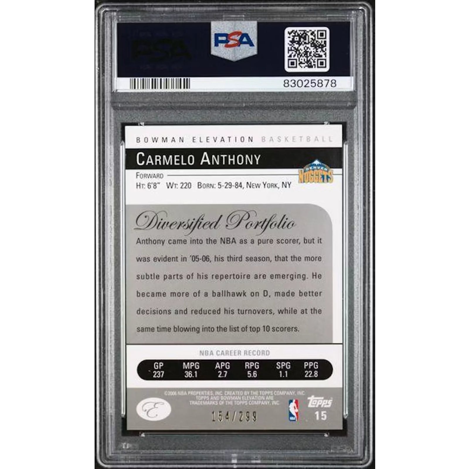 Carmelo Anthony 2006 Bowman Elevation Red/299 | PSA 10