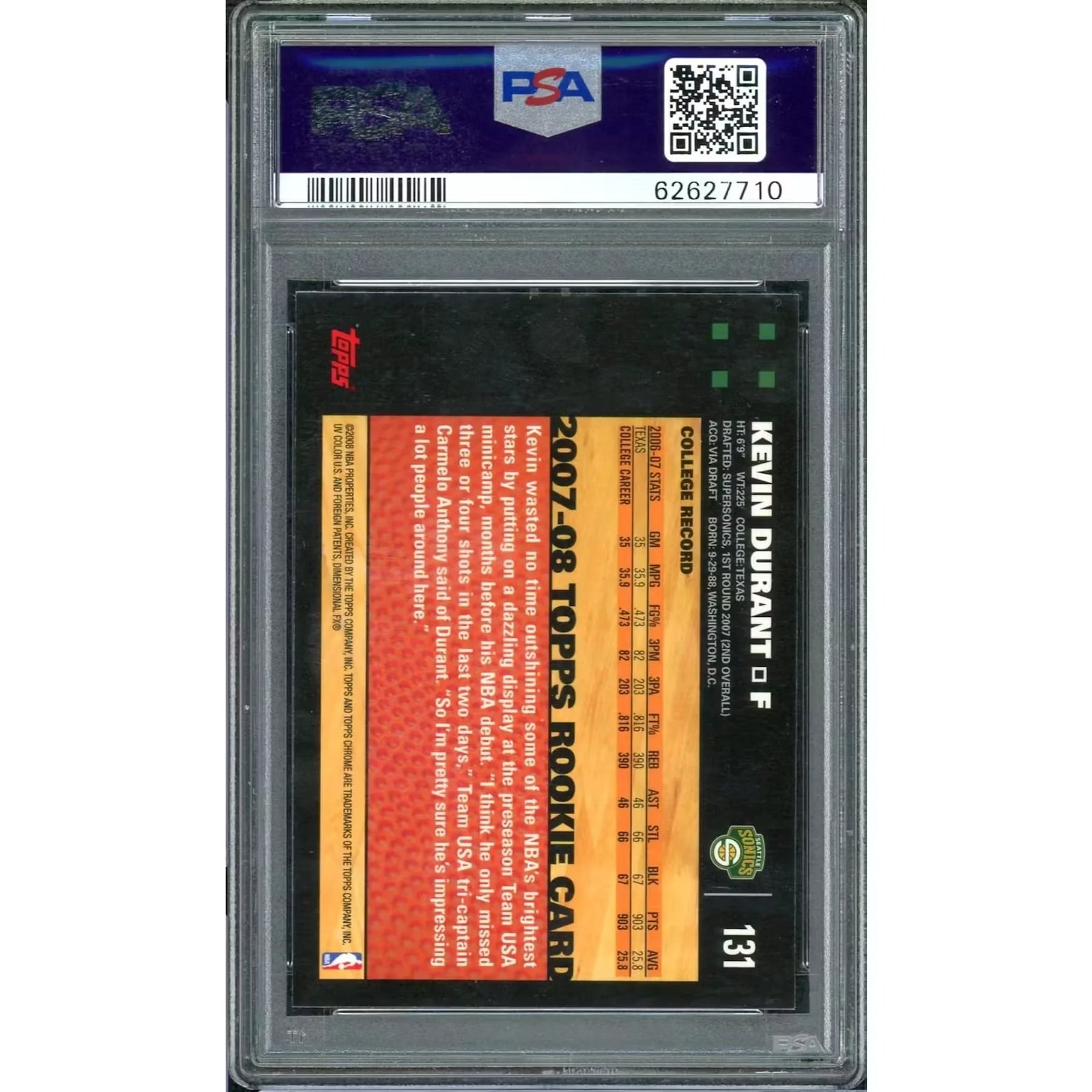 Kevin Durant 2007 Topps Chrome Rookie Card #131 | PSA 9