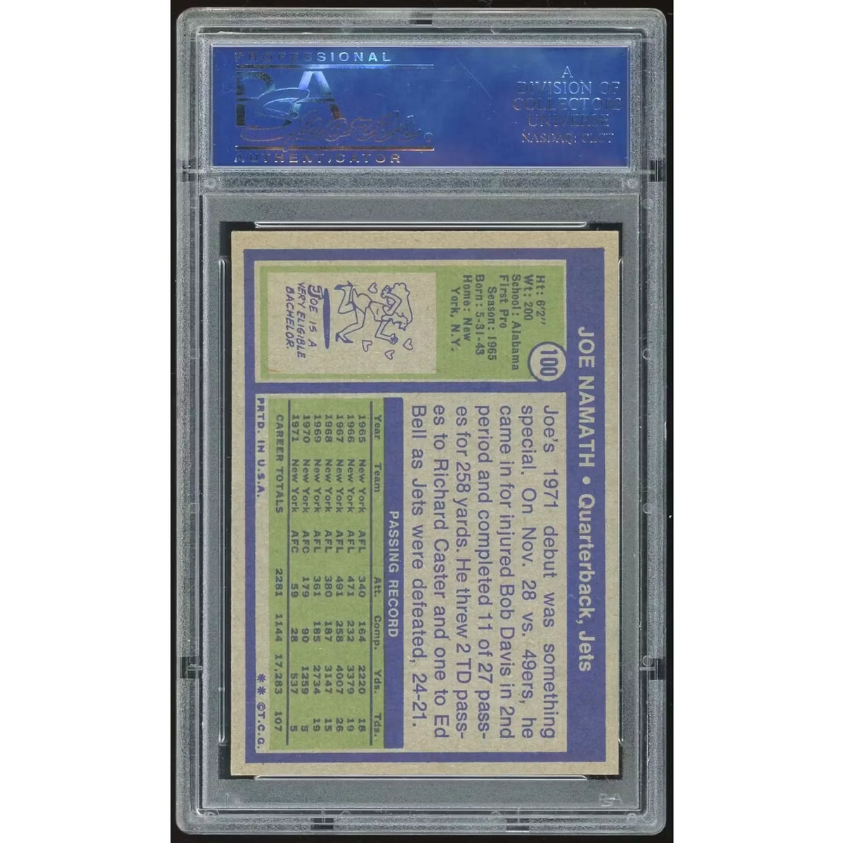 1972 Topps #100 Joe Namath Card | PSA 8 - D3 | P5177807