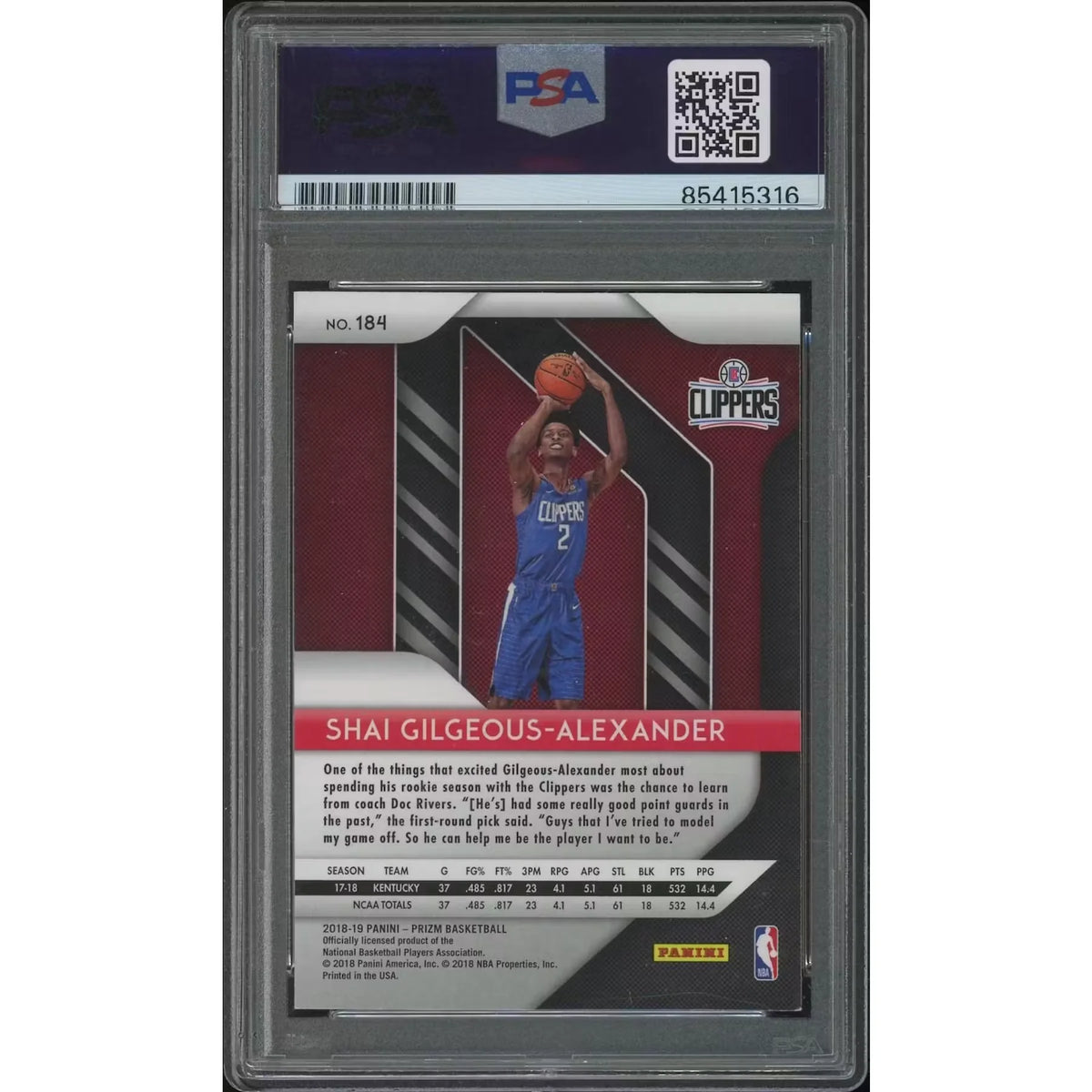 Shai Gilgeous-Alexander Signed 2018-19 Panini Prizm #184 | PSA/DNA Authentic | P5178763