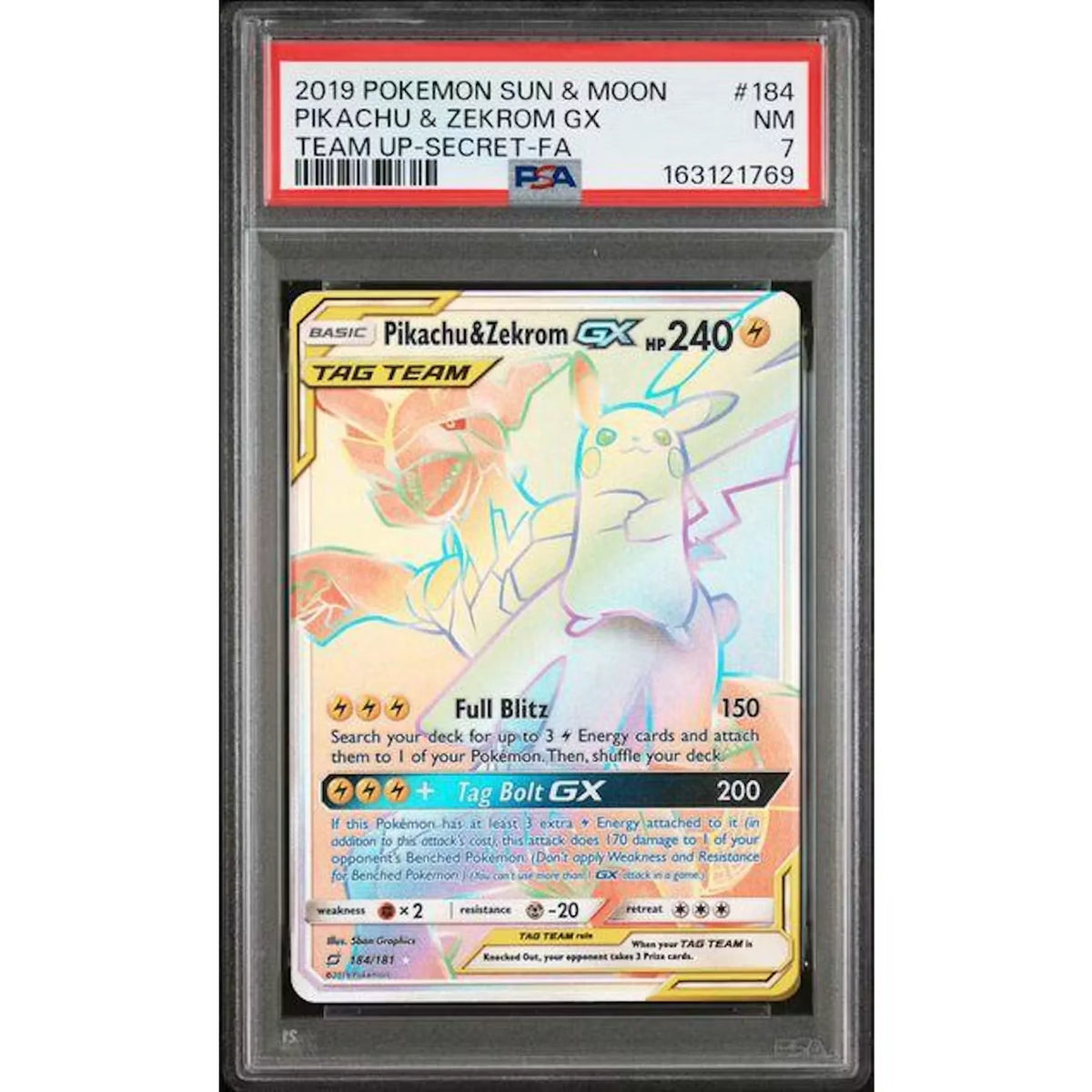 2019 Pokemon Team Up Pikachu & Zekrom GX Tag Team Secret #184 | PSA 7 | P5180490