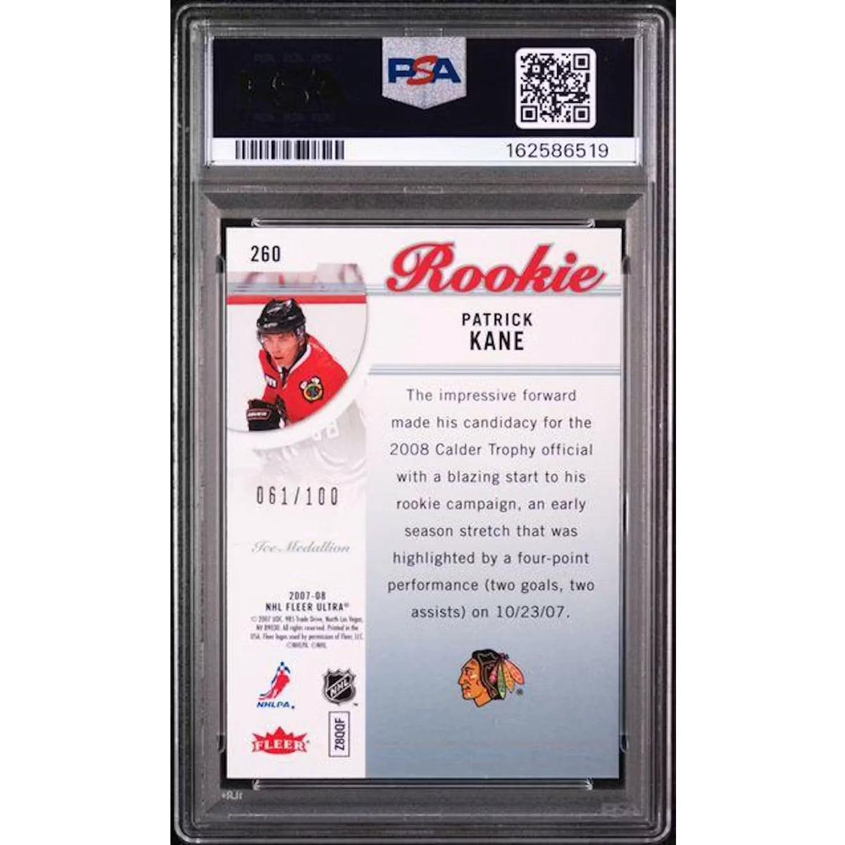 Patrick Kane 2007 Fleer Ultra Ice Medallion Rookie #260 Card | PSA 9 | P5182184