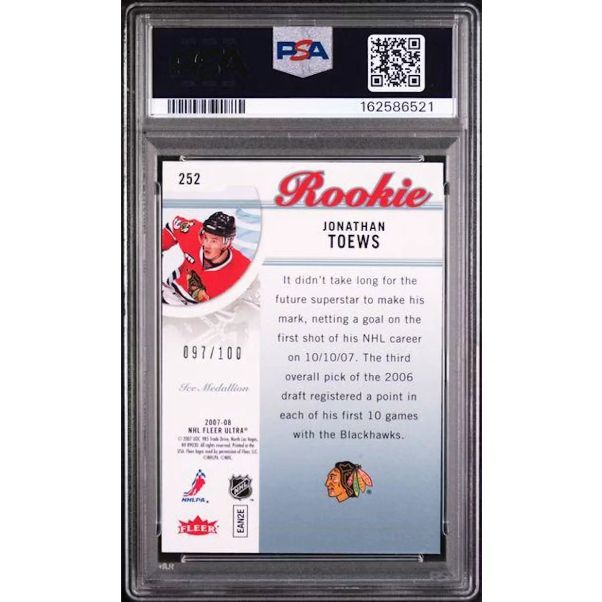 Jonathan Toews 2007 Fleer Ultra Ice Medallion Rookie #252 Card | PSA 9 | P5182185