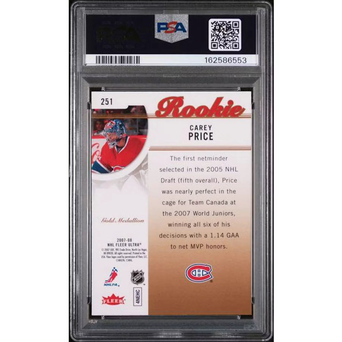 Carey Price 2007 Fleer Ultra Gold Medallion Rookie #251 | PSA 10 | P5182187