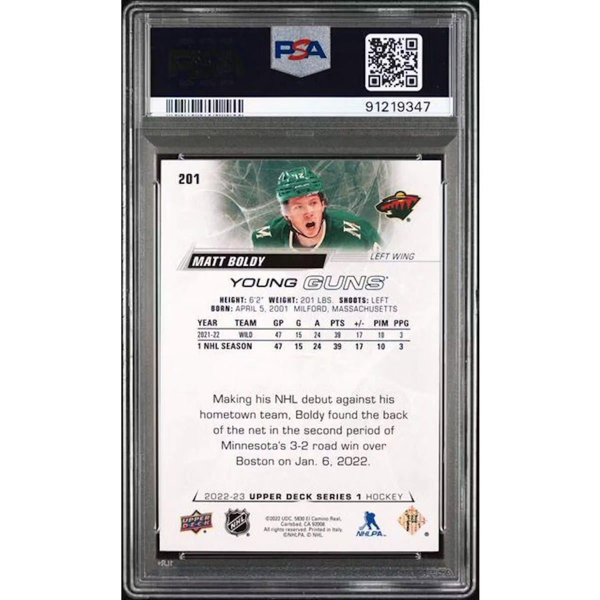 Matt Boldy 2022 Upper Deck Young Guns #201 | PSA 10 | P5182191