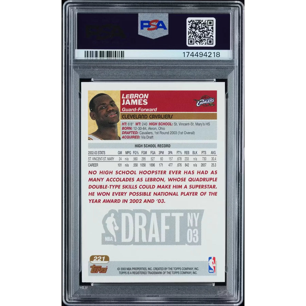 LeBron James 2003 Topps Rookie Card #221 | PSA MINT 9 | P5182248