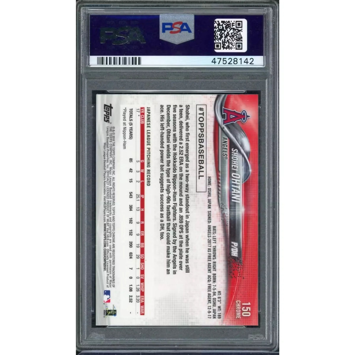 Shohei Ohtani 2018 Topps Chrome Pitching Rookie #150 | PSA 10 | P5182258